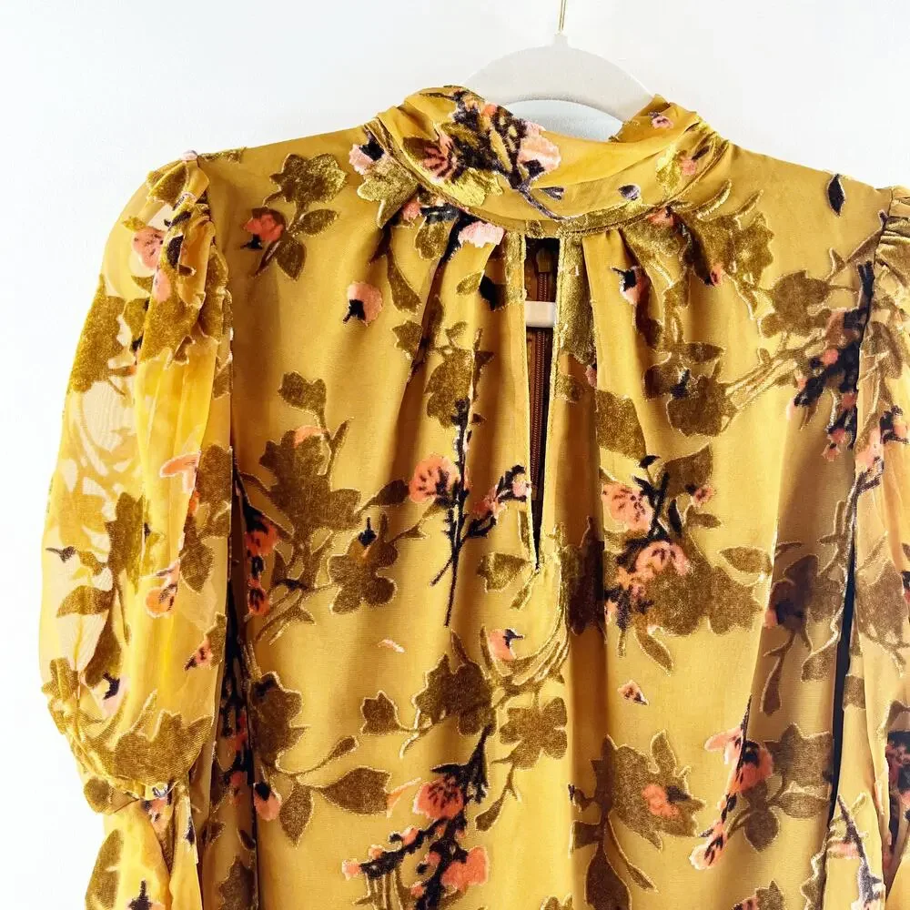 Floral Keyhole Mock Neck Blouse - Mustard - Picture 6 of 11